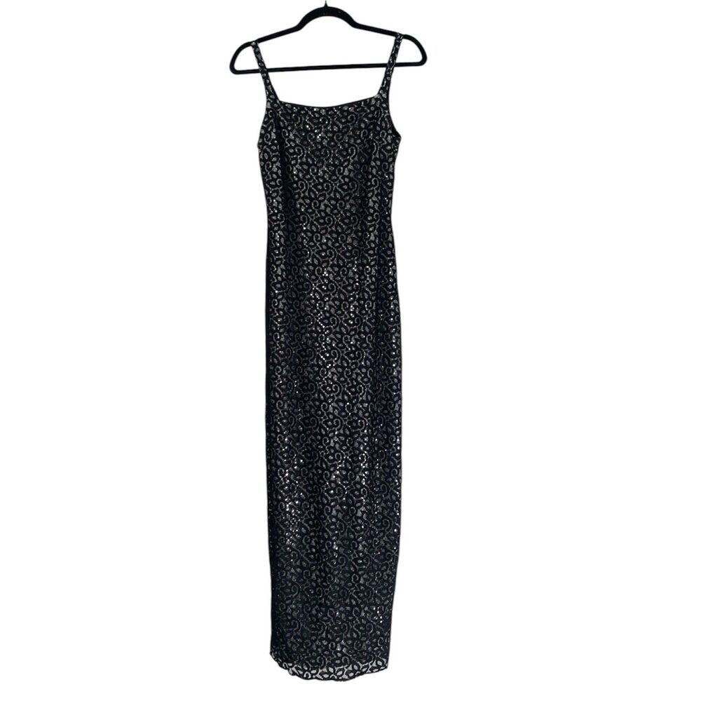 Jessica McClintock Gunne Sax Gown 5/6 Silver Sequin Black Lace Dress NYE‎ Prom